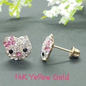 14K Solid Gold • Kitty Cat Head Earring Crystal